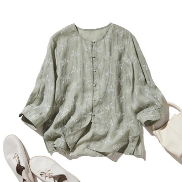 俐落感與休閒感的絕妙平衡 七分袖襯衫 100%亞麻 淺綠色 250604-2