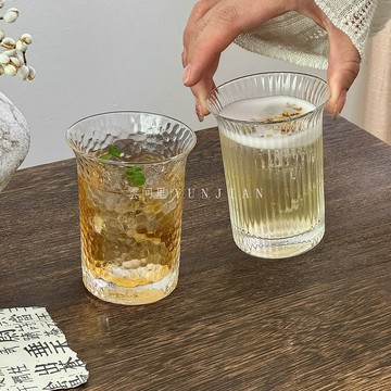 日式ins咖啡杯玻璃杯簡約高顏值錘紋反口杯美式咖啡冷飲杯果汁杯