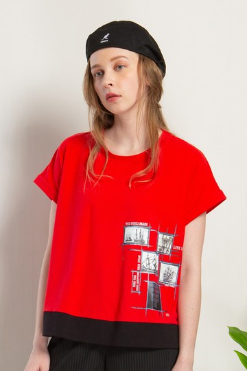 MW 純棉印花拼接色塊寬版T恤