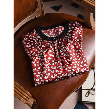 杭州真絲上衣女2025新款時尚印花短袖襯衣洋氣顯瘦中年桑蠶絲上衣