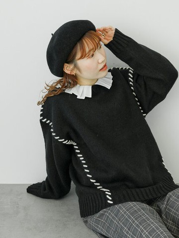 撞色縫線設計寬版圓領針織衫(FF34L2C0180) - ehka sopo