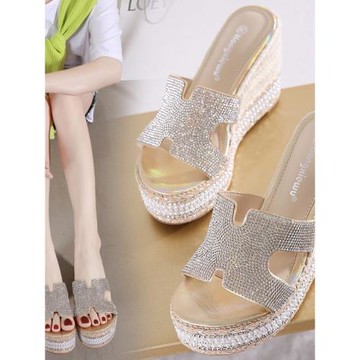 坡跟高跟鞋女夏10CM新款網紅魚嘴涼鞋松糕厚底水鉆百搭麻繩涼拖鞋