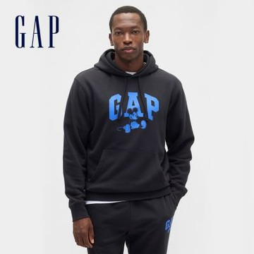 【GAP】男裝|Gap x Disney迪士尼聯名 Logo印花刷毛帽T-黑色(767515)