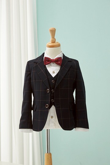 HAO.HAO kids 大方格紋西裝-卡其格紋黑(三件組)