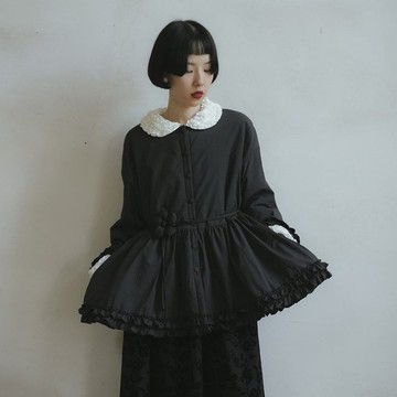 黑色 鳥羽圓領黑棉服 附贈立體花腰帶 防風面料夾棉保暖秋冬外套