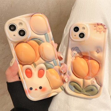 3D立體感郁金香超萌小兔子適用蘋果14手機殼iPhone14ProMax保護套14Plus全包防摔軟殼iPhone13蘋果12帶轉音孔