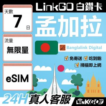 LinkGO白鑽卡 孟加拉 eSIM卡 7天上網卡 無限流量吃到飽 高速流量(孟加拉網卡 達卡 索納岡 古都索納貢)