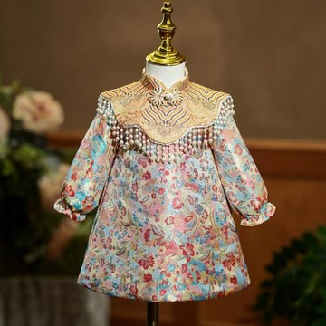 中式周歲禮服女寶寶旗袍抓周服春秋嬰幼兒生日冠衣兒童公主連衣裙