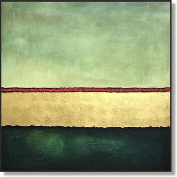 帆布綠色抽象現代油畫 - 原始金色簡約牆藝術