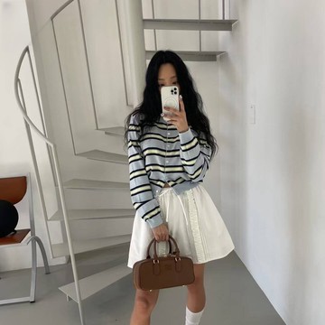 chic韓國新款撞色條紋圓領係扣溫柔針織小外套條紋毛衣早秋女