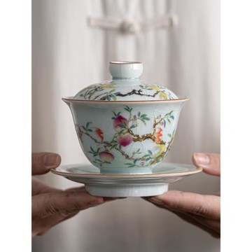 仿古青花壽桃蓋碗復古三才蓋碗中式泡茶碗陶瓷冰裂釉家用敬茶茶具