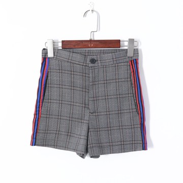 春季新款女裝時尚韓版拼色格紋高腰修身顯瘦側邊撞色條紋短褲