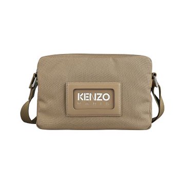 KENZO GRAPHY皮革標籤LOGO防潑水尼龍拉鍊斜背包(棕褐)