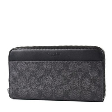 COACH 男款 緹花LOGO防刮皮革拉鍊長夾-黑灰