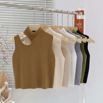 半高領鏤空露肩鎖骨針織衫背心女設計感打底內搭外穿顯瘦無袖上衣