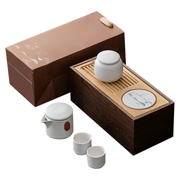 LifeShopping 白色陶瓷、實木、ABS材質  1組  茶壺 + 茶杯2個 + 壺墊 + 茶葉罐 + 收納盒  白色