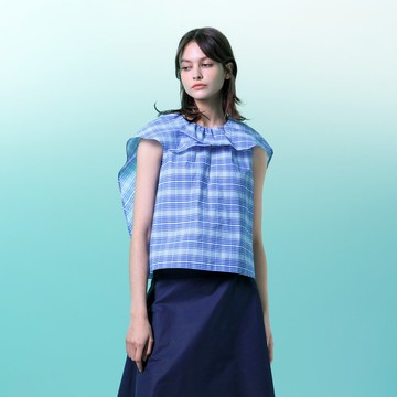 細格紋披風領片無袖上衣