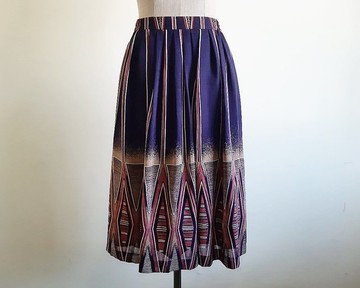 復古海軍藍抽象印花裙 女款 百褶 A字傘狀 中長裙 XS S 25 26