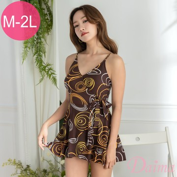 泳衣 大尺碼(M -2L) 深V 遮肚顯瘦洋裝四角裙式連身泳裝/游泳/ SPA/泡溫泉_咖啡(附泳帽)