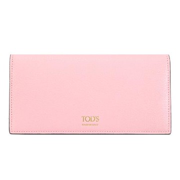 TODS 品牌燙金LOGO內裏撞色對開零錢長夾.粉/酒紅