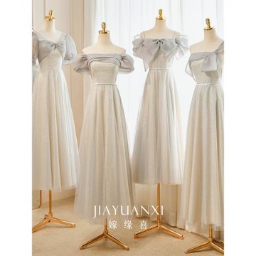 灰色伴娘服2025新款秋冬高級小眾姐妹團禮服裙戶外小個子平時可穿