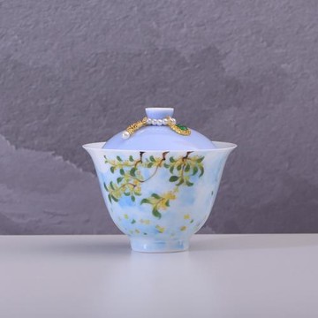 2025年新款純手繪蓋碗釉下彩功夫茶兩才泡茶碗茶杯藍色陶瓷茶具