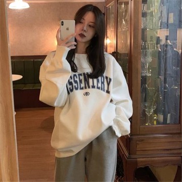 字母印花圓領衛衣女裝薄款春秋季寬松韓版設計感小眾無帽外套上衣