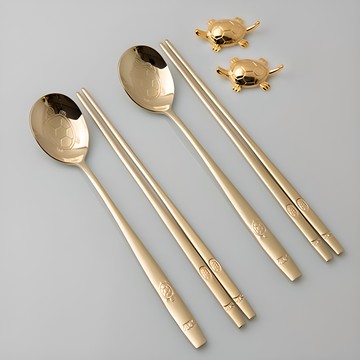 具氏工房 長壽龜鈦金湯匙筷子組  1組  湯匙 + 筷子 + 筷架 + 收納盒  鈦黃色
