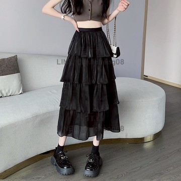 珠光紗半身裙女夏季高級設計感a字蛋糕裙顯瘦高腰中長款百褶紗裙【步行者戶外生活館】