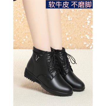 冬季媽媽鞋棉鞋女士皮鞋短靴真皮棉靴平底皮靴中老年女鞋加絨女靴
