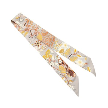 HERMES 愛馬仕 Twilly 絲巾 黃色印花 灰色 絲綢 【二手名牌BRAND OFF】