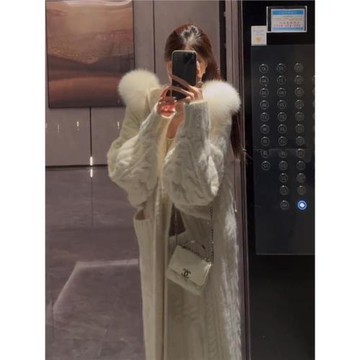 氣質加厚百搭秋冬長款針織開衫毛領外套女冬季寬松連帽慵懶風大衣