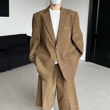 乜Q復古高級感英倫ins休閑西裝廓形寬松痞帥外套男純色西服套裝潮