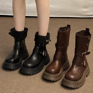 厚底靴．重工皮革雙釦環拼接中筒短靴．白鳥麗子