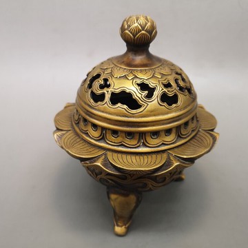 新品古玩銅器收藏 仿古黃銅象腳蓮花香爐擺件 家居裝飾工藝品