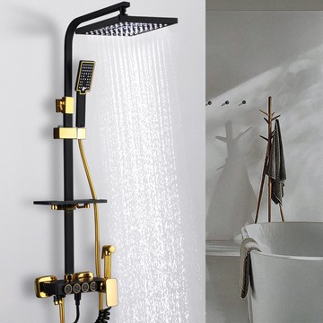 淋浴花灑套裝 全銅黑色花灑恒溫簡歐金色浴室淋浴升降沐浴器雨淋方體花灑套裝『XY11744』