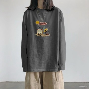 【台灣出貨】韓版長袖上衣女 棉t 大尺碼上衣 中長款長袖上衣 卡通印花t恤女 寬鬆上衣 顯瘦 內搭打底 薄長袖 春秋上衣
