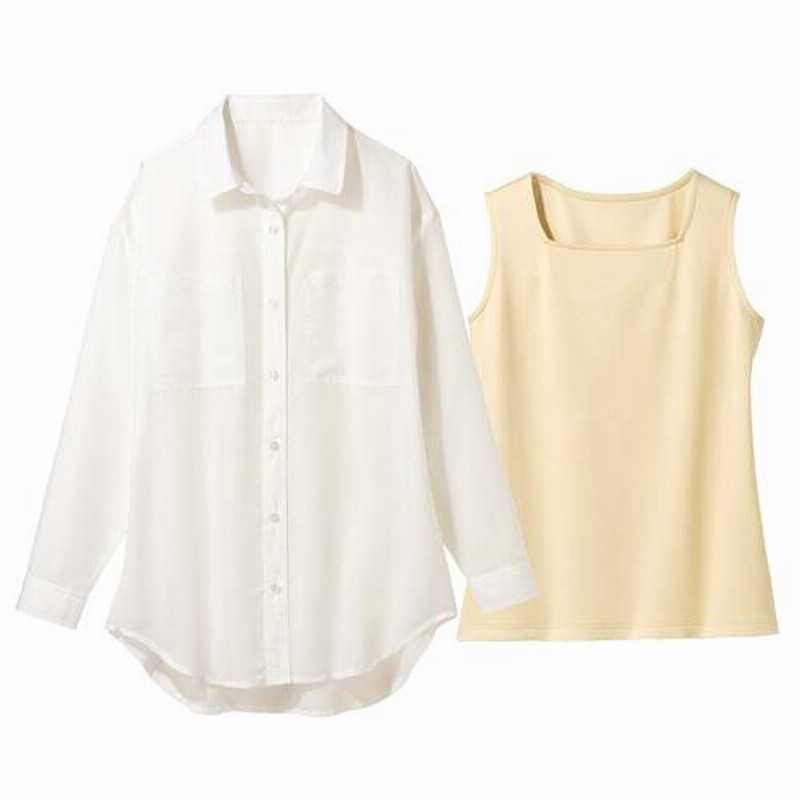長袖シャツ レディース 透け感楽しむ タンクトップ付 ブラウス 全2色 婦人服 ミセス シニア 女性 インナー 2点セット 50代 60代 お母さん 春夏　fri　p24135 長袖シャツ レディース 透け感楽しむ タンクトップ付 ブラウス