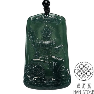 【漢石齋】天然翡翠A貨 文殊菩薩玉珮吊墜 冰種深油青(36*59*6mm)