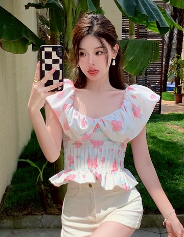 溫柔風甜美碎花雪紡襯衫女夏季設計感小眾收腰一字肩方領短款上衣