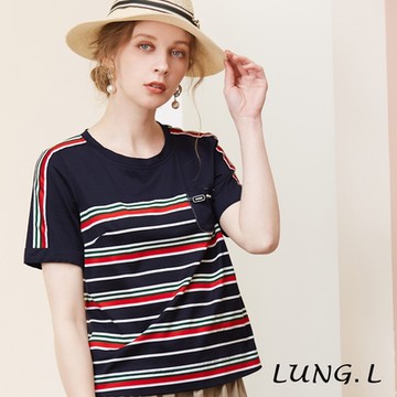 LUNG.L林佳樺 藍色素面拼接條紋棉質短袖上衣LP46A