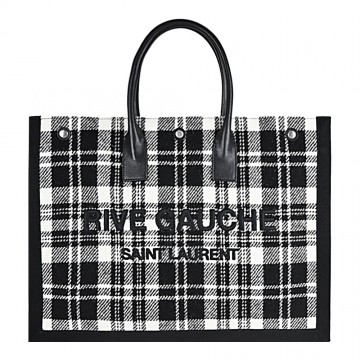 YSL SAINT LAURENT 羊毛蘇格蘭紋縫線LOGO大購物包(黑白)