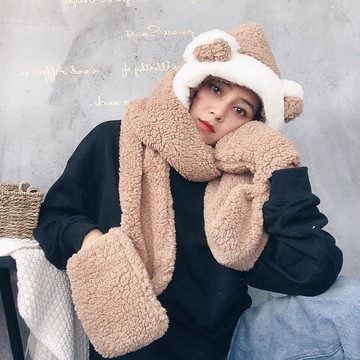 親子定制卡通耳朵圍巾手套連帽套裝冬季羊羔毛保暖護耳帽子三件套1入