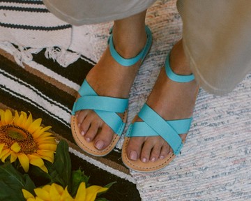 夏季皮革涼鞋、藍綠色涼鞋、女士涼鞋、夏季鞋、滿幫涼鞋