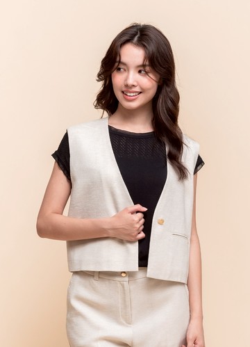 俐落氣場仿麻感V領背心