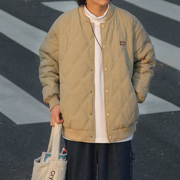 卡其色菱格加棉棒球棉服男女 小眾冬季韓版寬鬆休閒加厚鋪棉外套