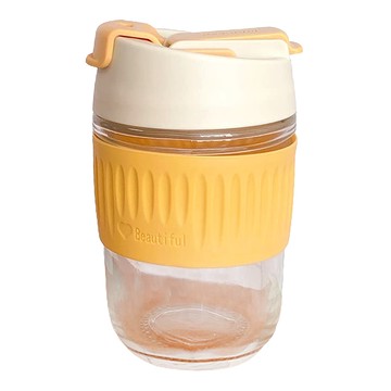 雙飲彈蓋吸管玻璃咖啡杯 小號 13 x 5cm  雅菊黃  350ml  1個