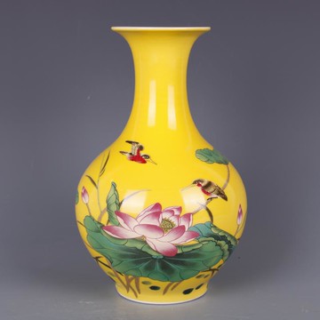 清乾隆黃地粉彩荷花花鳥玉壺春瓶仿古中式家居瓷器擺件古董古玩1入