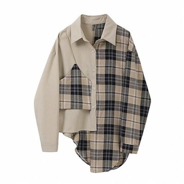 200斤外貿特大碼女裝速賣通亞馬遜歐美風假兩件格子拼接襯衫上衣