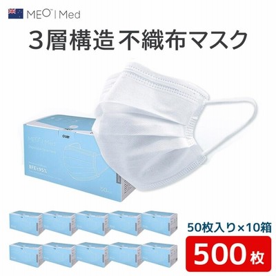 不織布 マスク 50枚 10箱セット 500枚 pm2.5対応 MED メオ 約17.5×9.5cm ニュージーランド企画 快適 使い捨て ダブルプリーツタイプ 送料無料